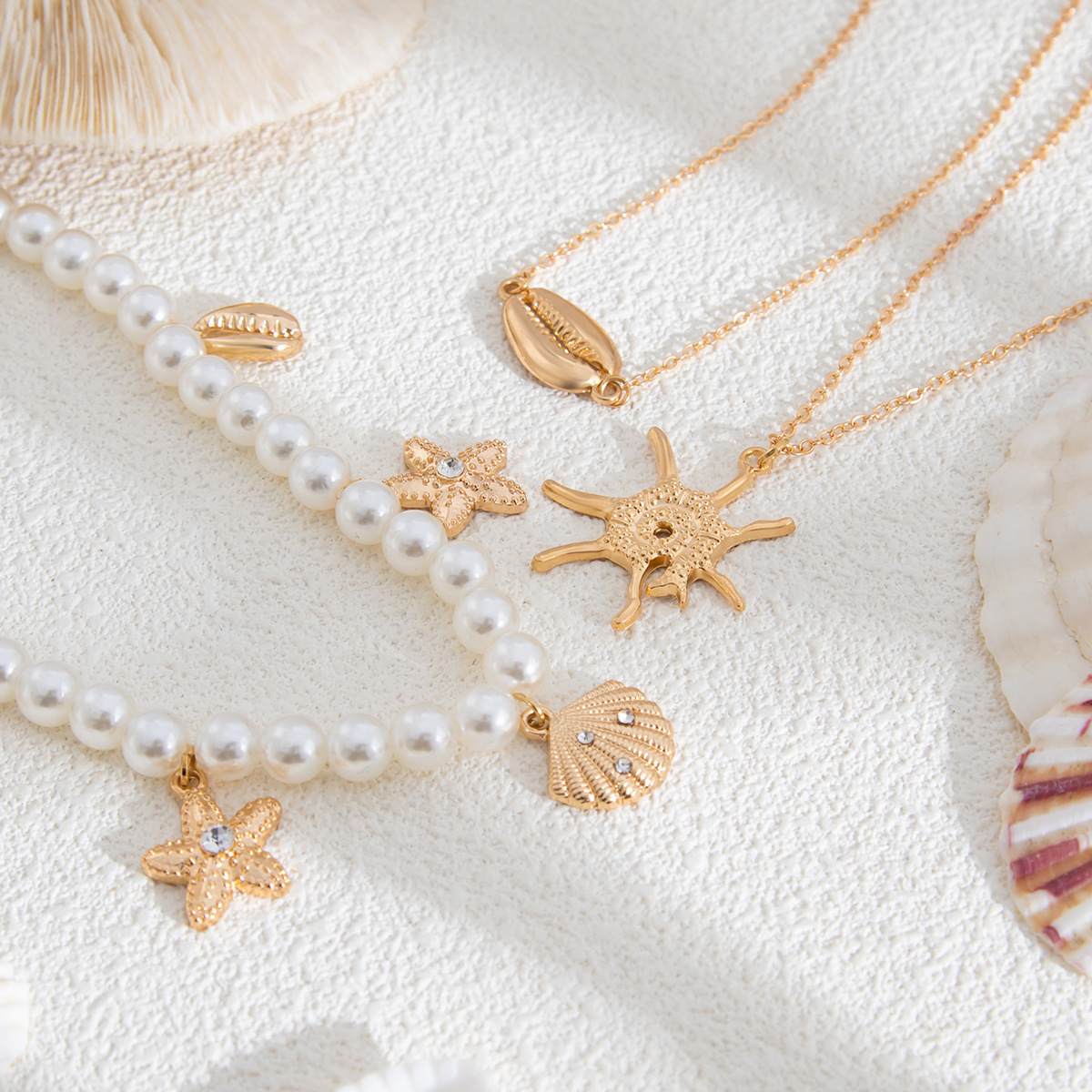 1 Piece Quantity Hawaiian Starfish Imitation Pearl Alloy Copper Beaded Chain Beaded Necklaces Wholesale