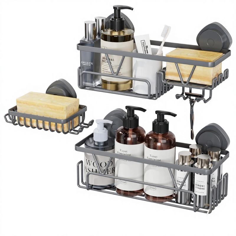 3-Piece Set of Suction Cup Shower Shelves, Wall-Mounted, Double-Layer, Includes Soap Holder and Hooks, Dark Gray