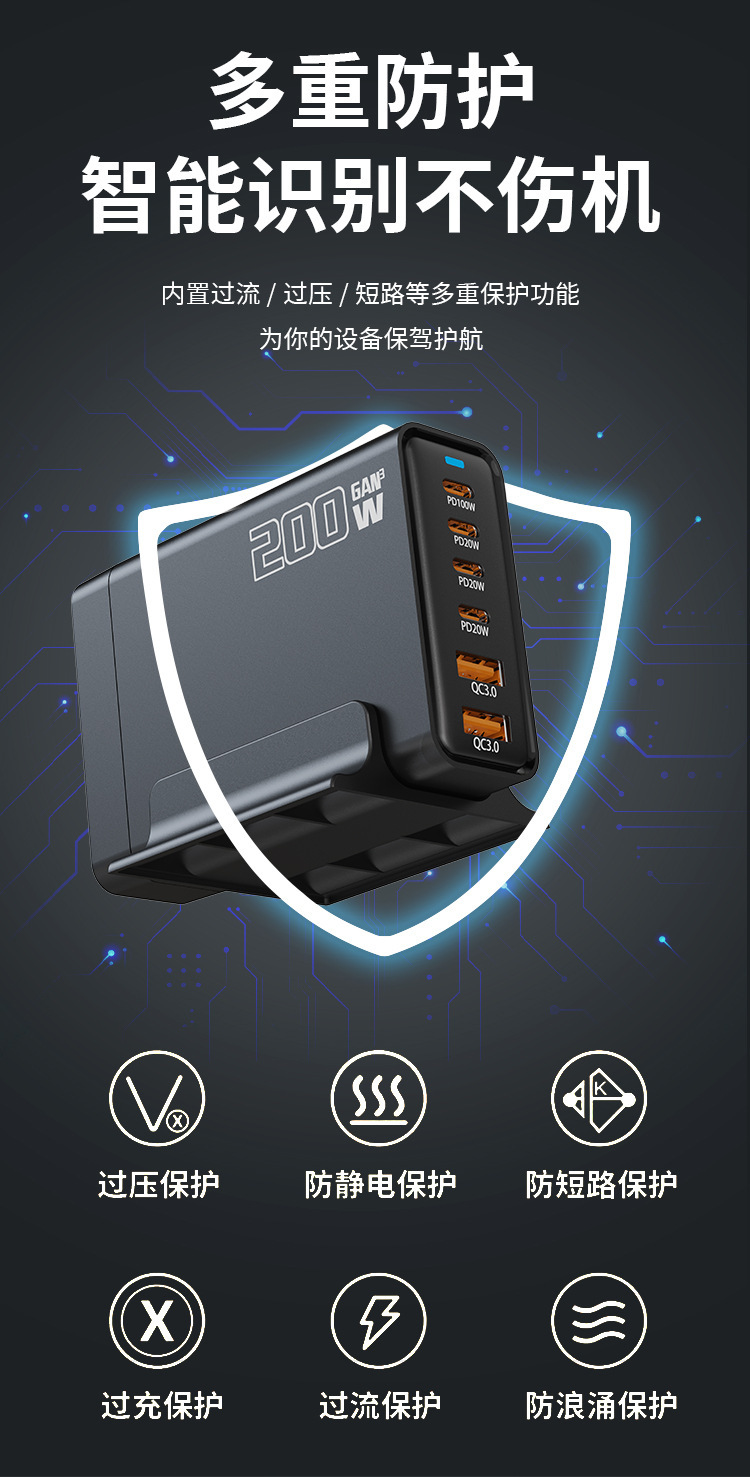 Sınırötesi 200W Azot Galiyum Gan Çok Portlu Şarj Cihazı 4C2A Masaüstü Şarj İstasyonu PD Hızlı Şarj Çok Fonksiyonlu Adaptör