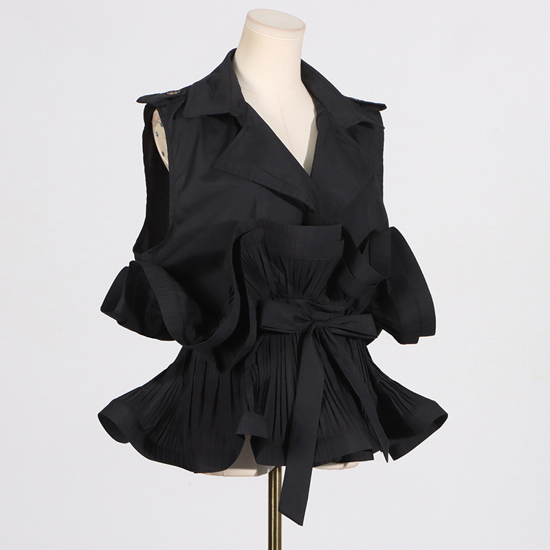 Women's Clothing Spring and Summer New Fashion Temperament Khaki V neck Pleated Splicing Design Sleeveless Lace up Women's Shirt_voghion.com