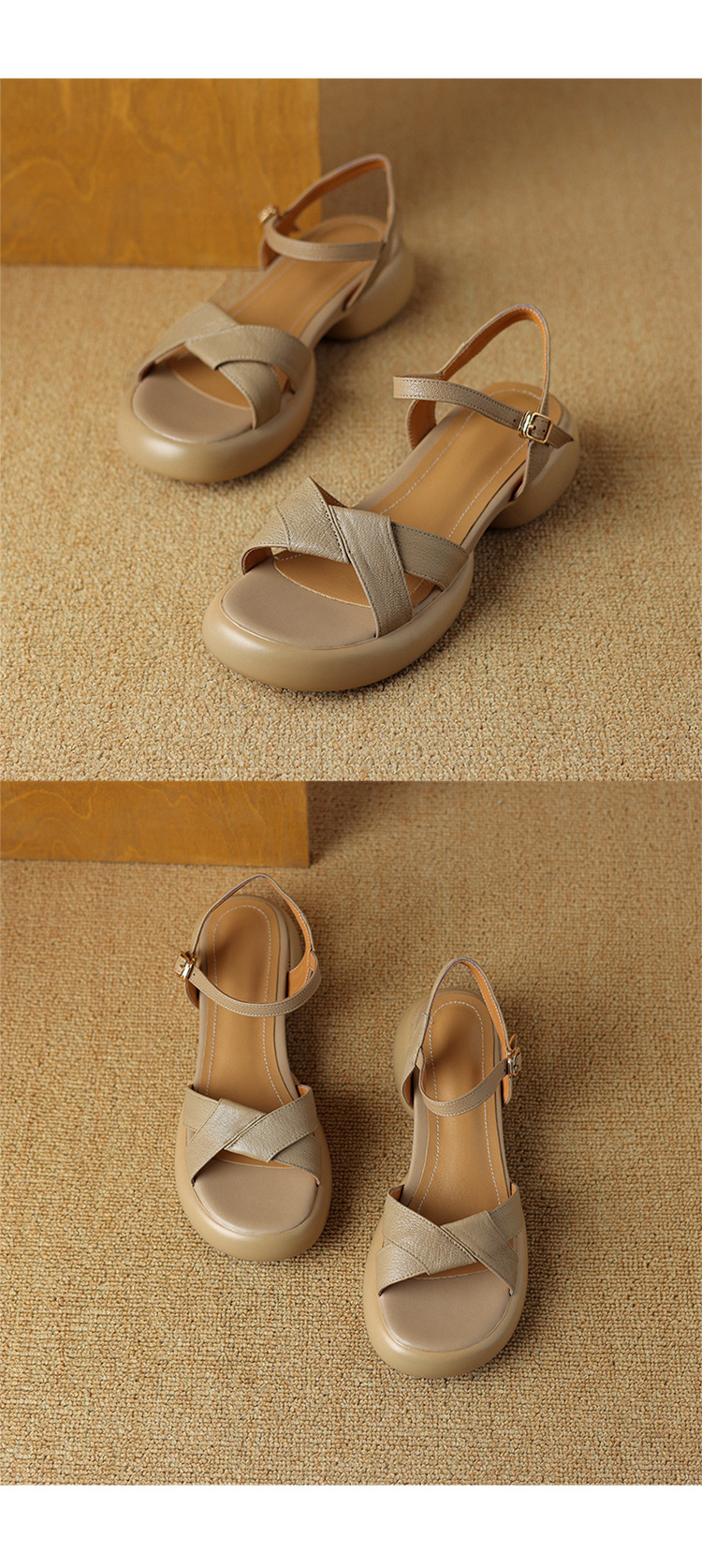 Sandal hở ngón da cừu gót thô đế dày quai ngang kiểu La Mã rỗng — Màu trắng be chi tiết 13