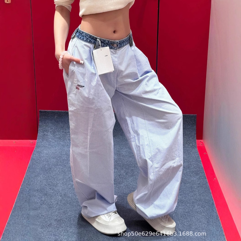 In Stock 2025 Spring and Summer New Aw Denim Waistband Stripesd Splicing Design Loose Casual Pants Women's Pants