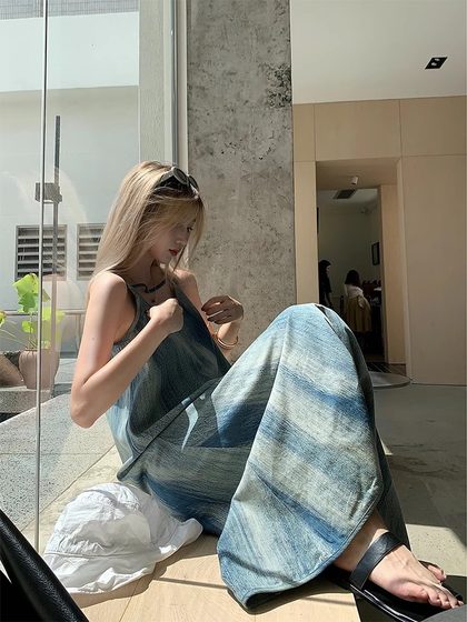 Niche Design Tie-dye Elegant Sling dress Women's Summer Loose Lazy Style Seaside Holiday Long Skirt