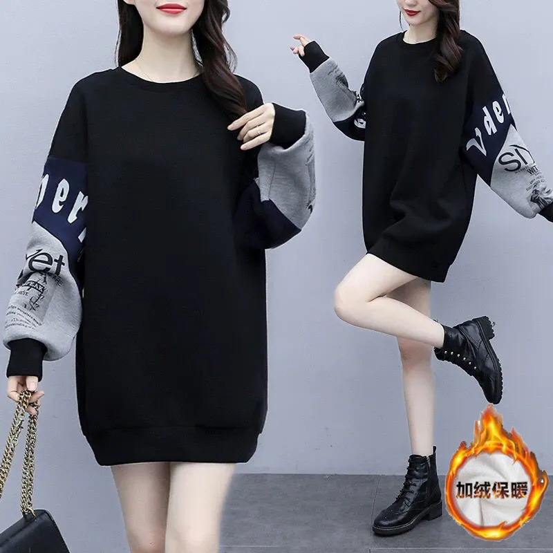 2025秋冬季大码女装中长款宽松加厚加绒卫衣女胖mm200斤300斤