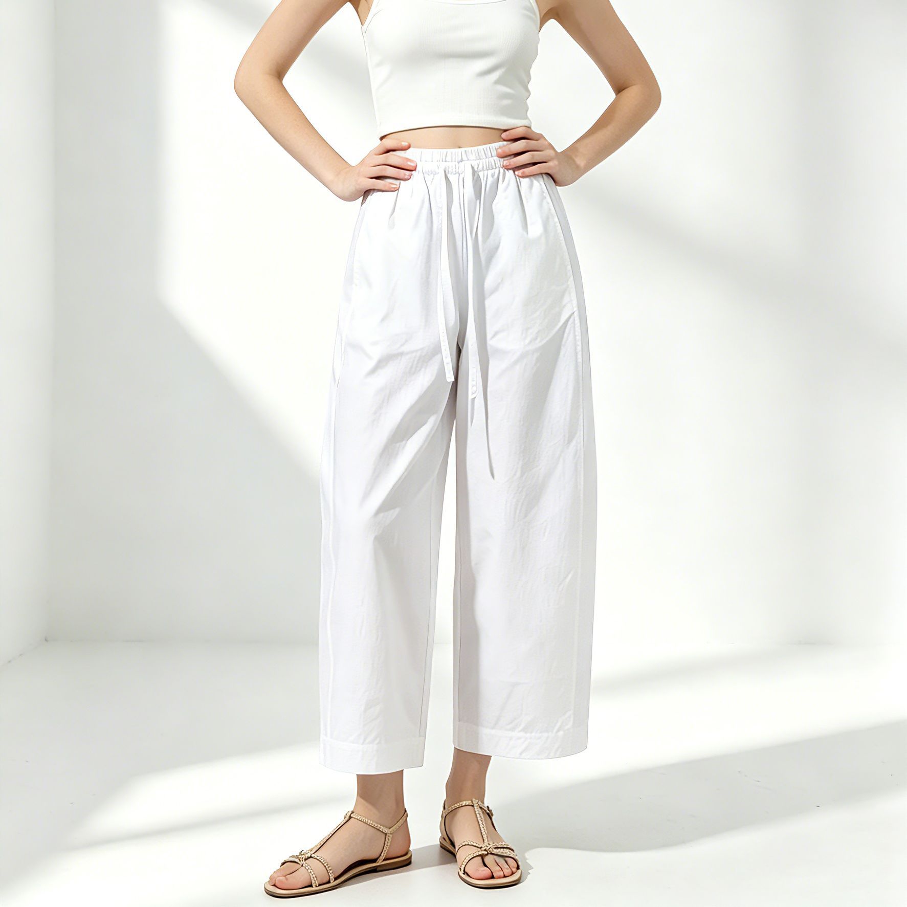 Quần culottes nữ ống rộng cạp thun dây rút, dáng suông rộng, dài 9 phần, chất cotton mềm mại — Ben trắng chi tiết 1