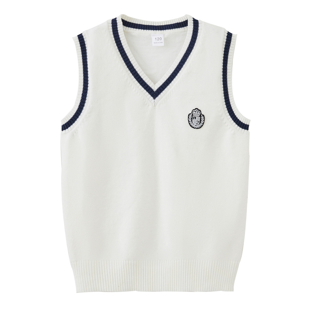 Nuevo estilo transfronterizo primavera y otoño cuello en V color de contraste suéter para niños grandes y medianos chaleco uniforme escolar al por mayor chaleco de punto para niñas