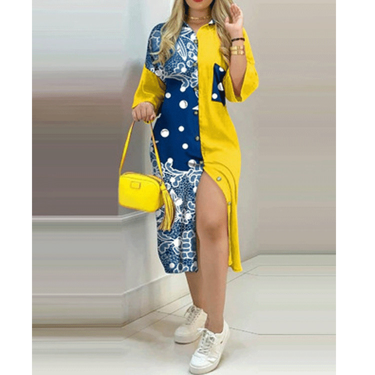 Shirt Dress Women Pocket Button Printing Color Contrast Dress 6 Shirt Dress Women Pocket Button Printing Color Contrast Dress