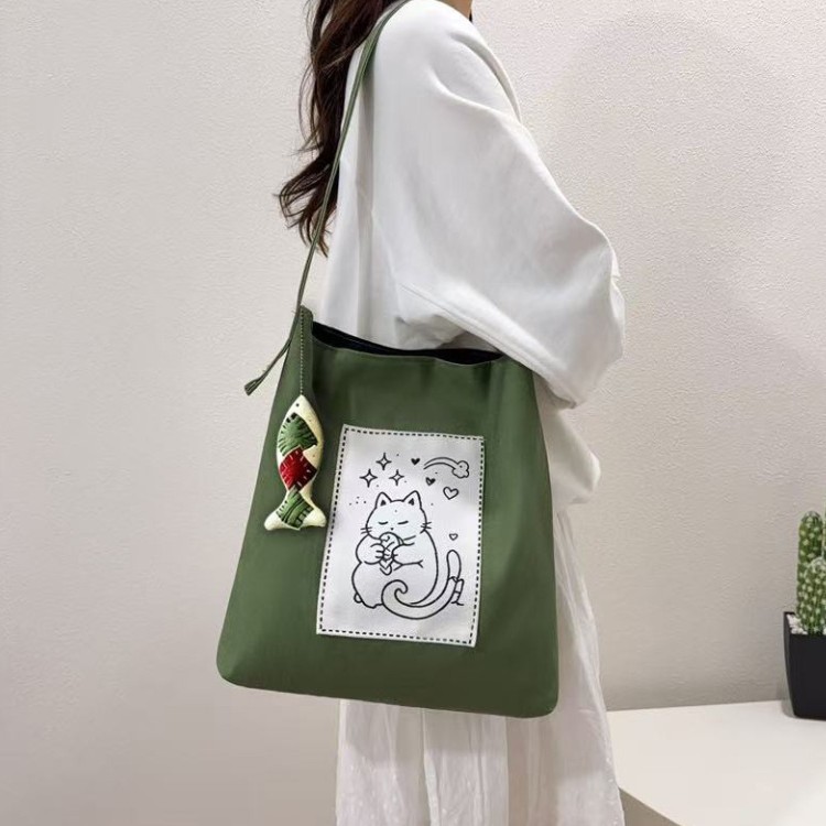 New Japanese-style cartoon kitten student canvas bag, versatile and simple canvas women's bag for summer commuting, shoulder bag A39
