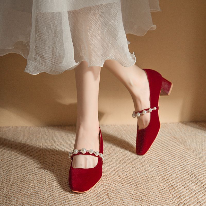 Dark White Suede Burgundy High Heels Women's Thick Heels 2025 New Square Toe Mary Jane Shoes Medium Heel Flats Wedding Shoes New Dark White Suede Burgundy High Heels Women's Thick Heels 2025 New Square Toe Mary Jane Shoes Medium Heel Flats Wedding Shoes New