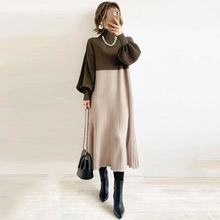 连衣裙女2024冬季新款洋气质长袖立领拼接针织遮肚显瘦a字长裙子