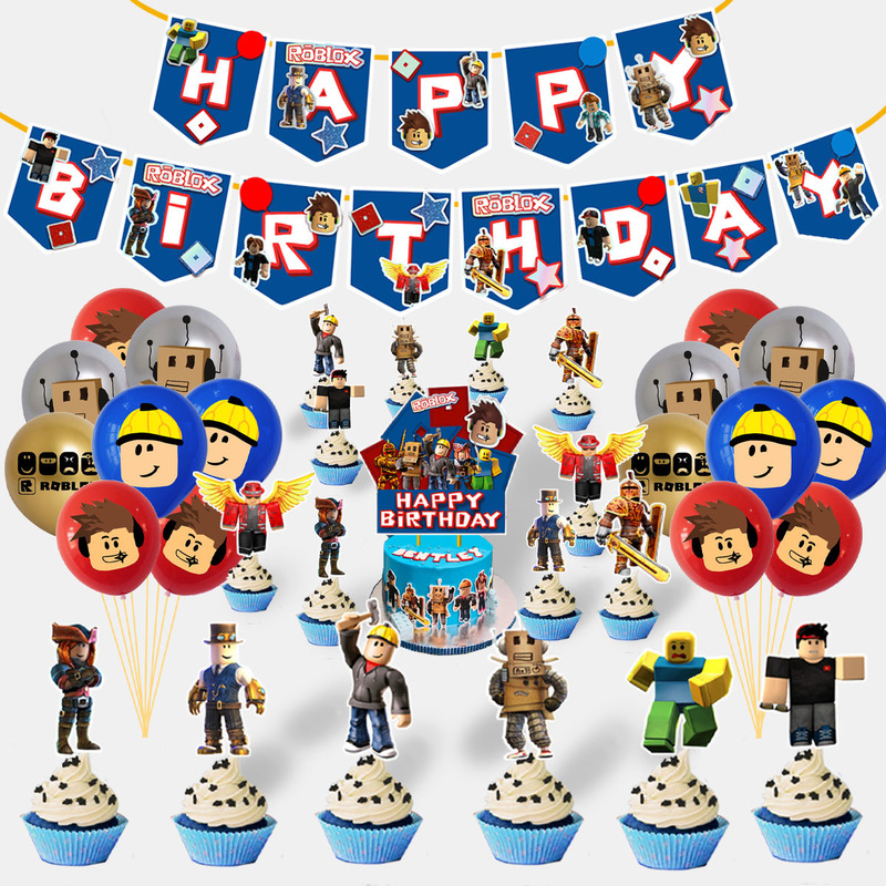 Roblox virtual world theme pull flag balloon cake card insertion suit sandbox game birthday party decoration