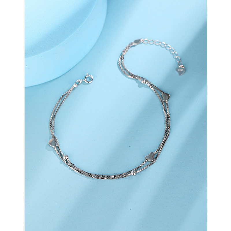 Corea del Sur personalidad simple verano pie joyería s925 plata esterlina simple doble en forma de corazón playa del grano tobillera Mujer al por mayor
