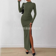 2025年亚马逊跨境秋冬新款女士长袖圆领开叉修身礼服性感连衣裙