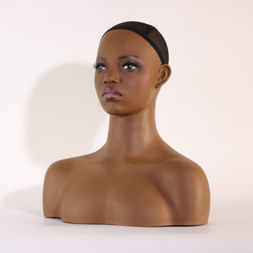 African Black Female Half-Body Model Head with Double Shoulder Wigs and Necklace, European and American Style Mannequin Head