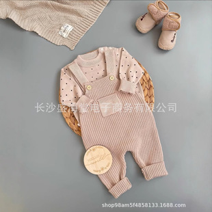 Ins Korean Style Children's Wool Strappy Pants Autumn All-match Pants Baby's Western Style Pocket Knitted Climbing Suit