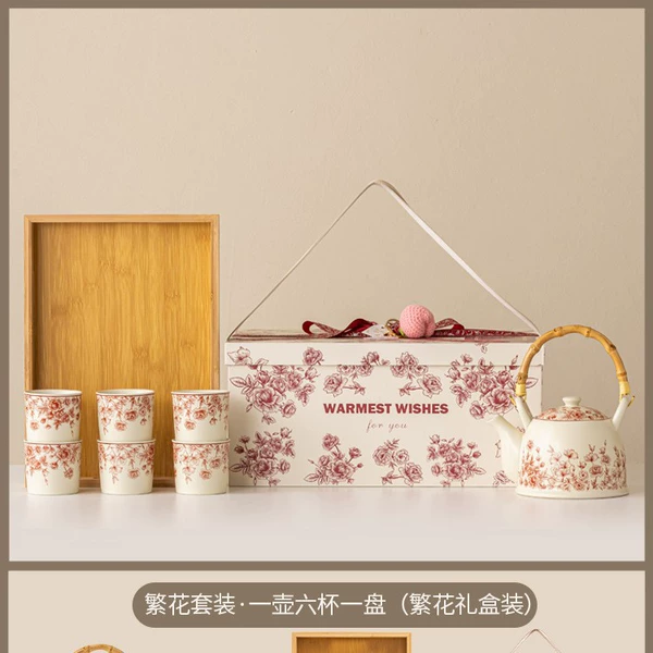 Romantic Sea of Flowers_Years of Time, a Pot and Six Cups + Bamboo Plate (Flower Gift Box)