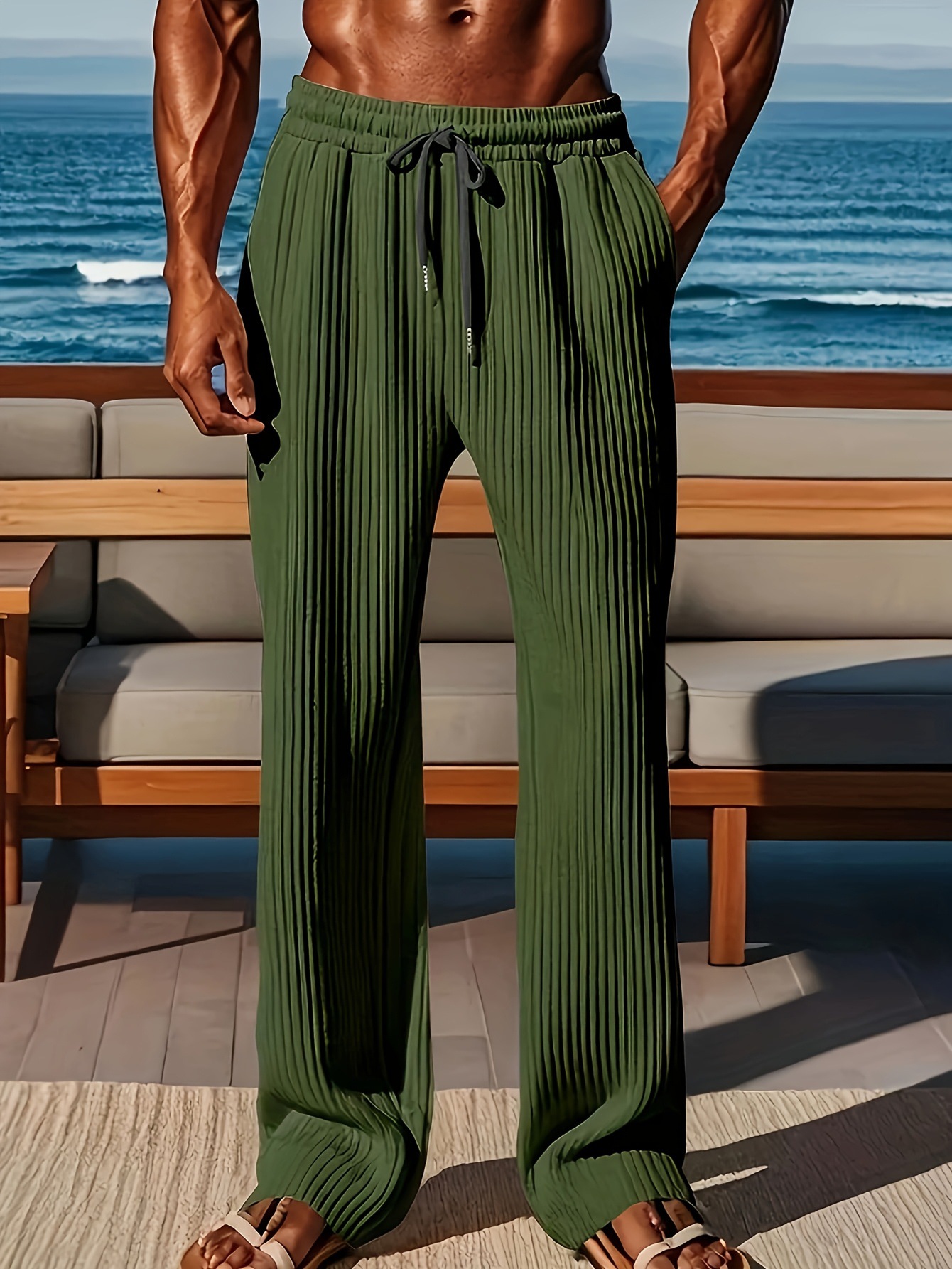 Men's Casual Straight Leg Pants With Elastic Waist - Street Style Comfort Stretch Pure Color Trousers For Daily Wear_viptrois.com