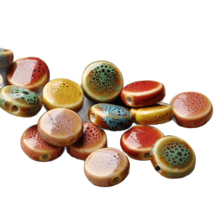 Materiales de cerámica para joyería, accesorios de joyería tejidos DIY, cuentas planas con esmalte floral de 14 mm, cuentas coloridas, cuentas de cerámica coloridas