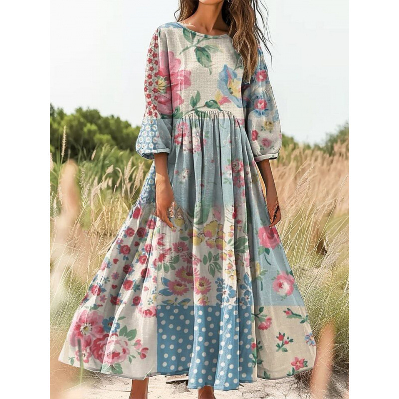 European and American Independent Fashion Website New Long-Sleeve Dress, Vintage Elegant Slim-Fit Dress, Round-Neck Floral Long Dress