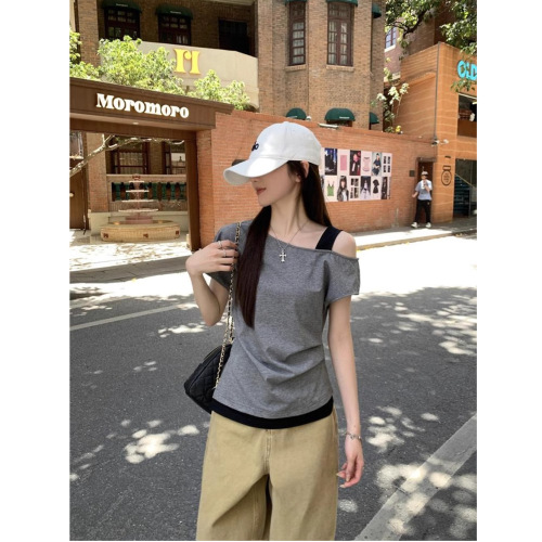 【40 Pieces Cool Cotton Ribbed 1x1 Blouse】Asymmetrical Off-the-Shoulder Two-Piece Top for Women 2025 Summer Crepe Shoulder-Strap