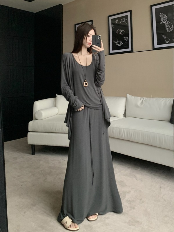 大码女装长袖开衫女2025早秋薄款慵懒风上衣+背心+半身裙三件套装|undefined