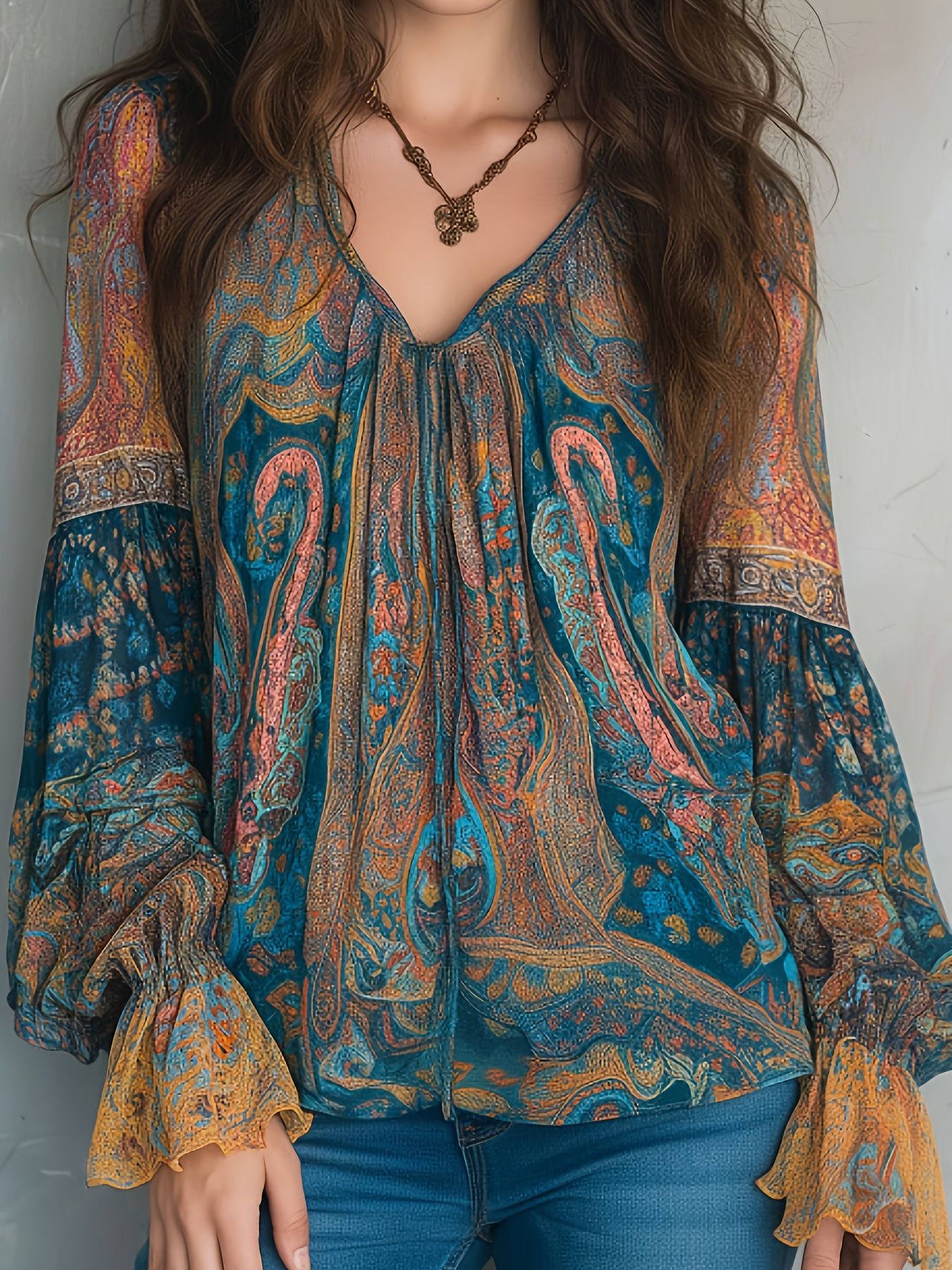 New Stylish Bohemian Teal and Amber Paisley Chiffon Shirt with Ruffled Sleeves