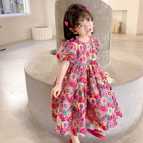 Little Girls' Skirts Peacock Flower Multicolor Dress Short Sleeve Princess Dress 24 Summer New Overseas Trade Children's Apparel Dropshipping 3-8 Years Old