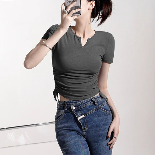 Designers' V-neck drawstring slimming pure desire short-sleeved women's T-shirt 2025 summer new pure color top trendy