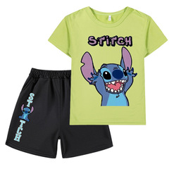 Cute cartoon Stitch-themed kids' outfit: matching printed short-sleeve T-shirt + shorts—perfect for cross-border trade!