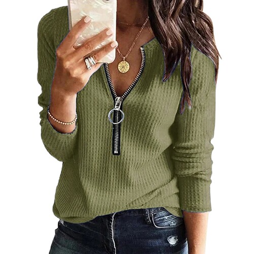  Autumn/Winter Honeycomb Knit V-Neck Zipper Long-Sleeve Plus Size T-Shirt for Women Casual Versatile European and American Style