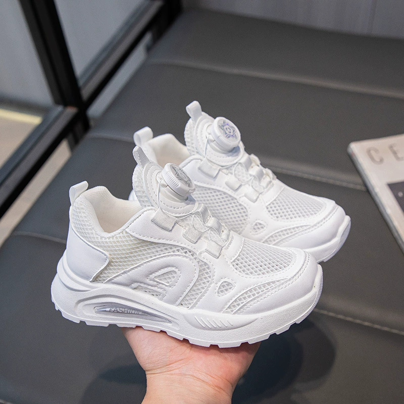 Детские белые летние кроссовки, новые, дышащие, сетчатые, с вращающейся застежкой, для мальчиков и девочек, школьные, спортивные, для выступлений.