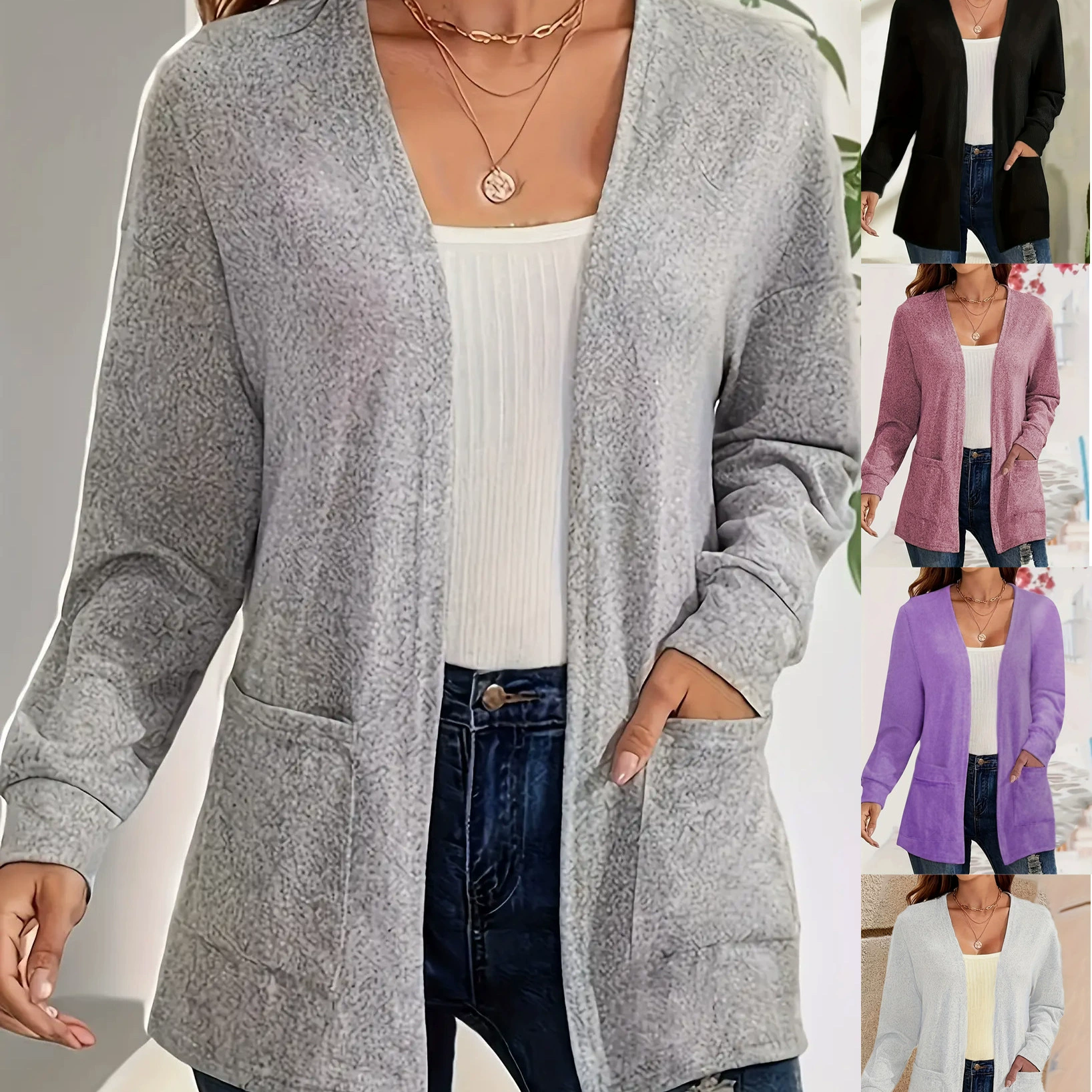 Женская одежда для трансграничной торговли TEMU 2024 года (Европа и Америка): однотонный повседневный кардиган с карманами, больших размеров, удобный и комфортный.