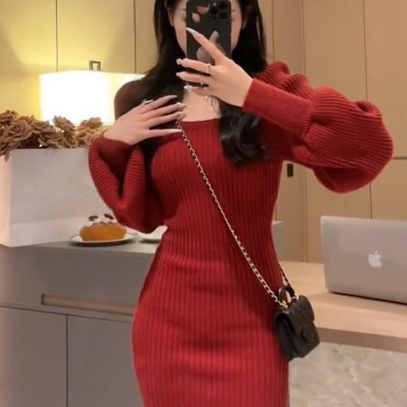 Autumn and Winter Stylish Puff-Shoulder Square-Neck Slim-Fit Bodycon Dress, Fashionable Versatile Commuting Simple Solid Color Figure-Flattering Sweater for Women Autumn and Winter Stylish Puff-Shoulder Square-Neck Slim-Fit Bodycon Dress, Fashionable Versatile Commuting Simple Solid Color Figure-Flattering Sweater for Women
