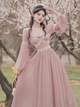 实拍现货甜美雪纺蕾丝拼接花朵领长袖连衣裙