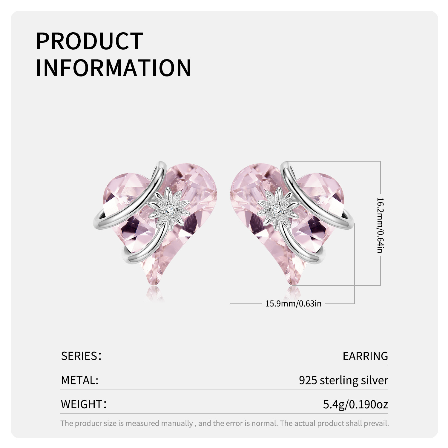 Daily Occasion 925 Sterling Silver Material Heart Shape, Flower Pattern 1 Pair 925 Sterling Silver Zircon Heart Shape Flower Ear Studs
