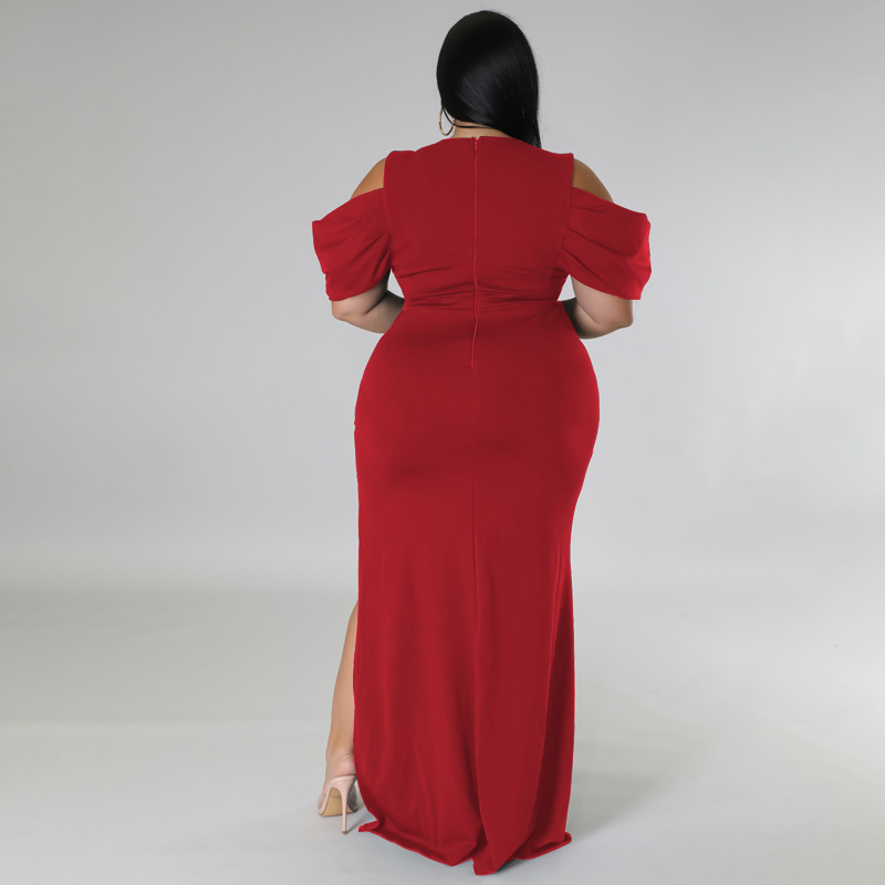 Plus Size V-neck Fishtail Maxi Dress High Slit Flutter Sleeve_voghion.com