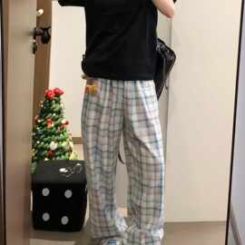 设计感可拆卸公仔格子裤女夏新款高腰显瘦直筒宽松阔腿休闲裤