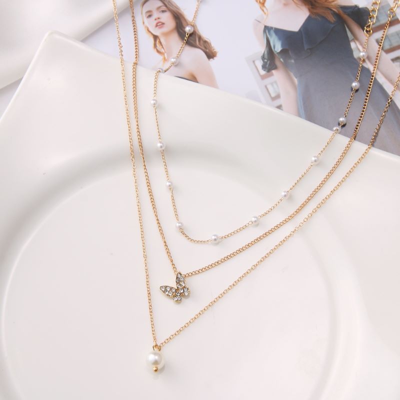 Holiday, Daily Occasion Elegant Streetwear Butterfly Rhinestones Imitation Pearl Alloy Wholesale Three Layer Necklace