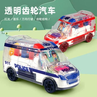 亚马逊热卖电动透明齿轮警车万向灯光音乐男孩小汽车玩具批发