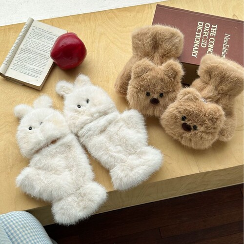 Cute Bear Fleece Half-Finger Foldable Gloves for Women - Winter Student Writing, Cycling, Windproof, Coldproof, Warm and Cozy Cotton Gloves
