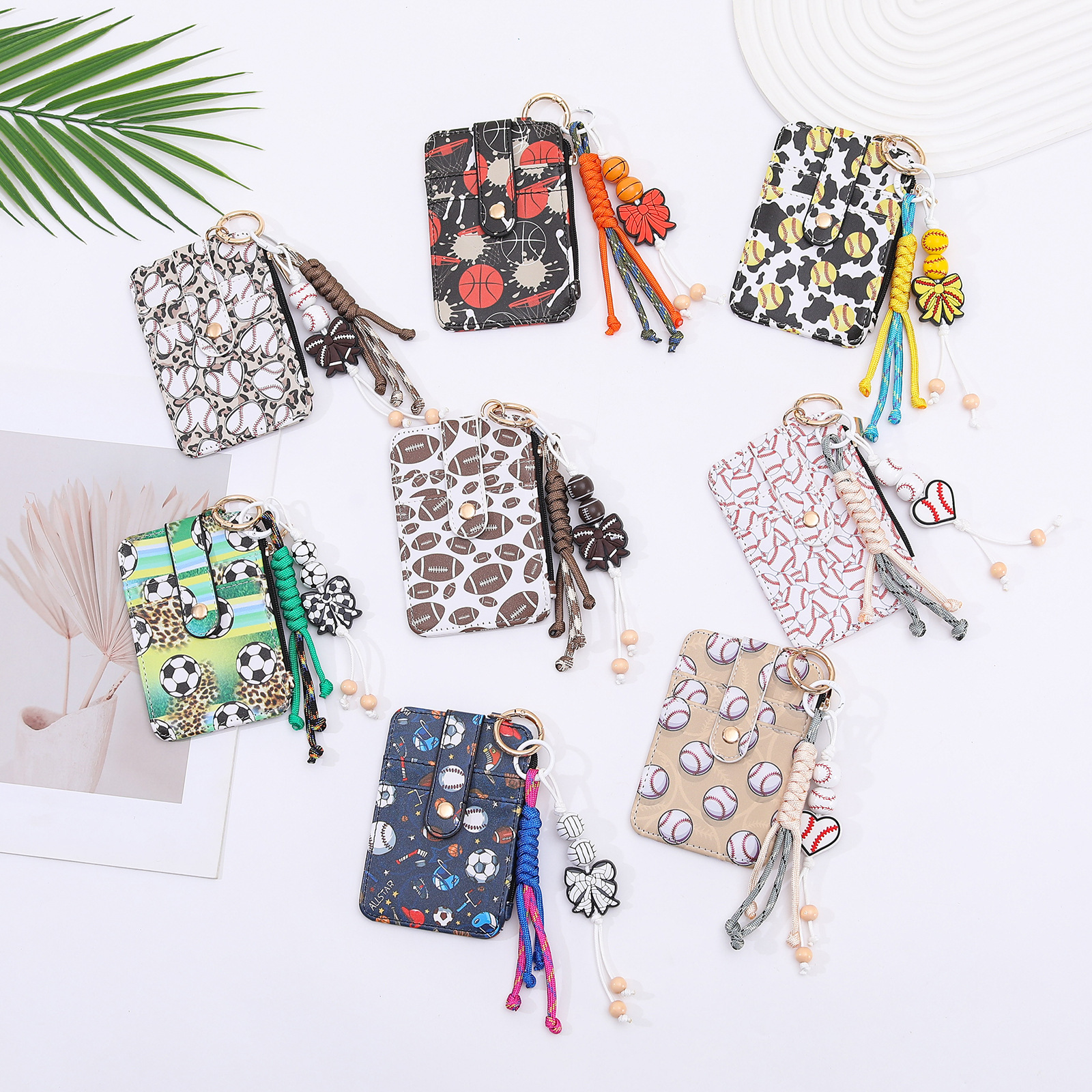Cross-Border Sports Ball-Themed Printed Card Holder with Woven Tassel Pendant Keychain, Multi-Card Slot Pu Card Case Wallet