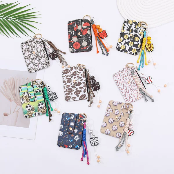 Cross-Border Sports Ball-Themed Printed Card Holder with Woven Tassel Pendant Keychain, Multi-Card Slot Pu Card Case Wallet