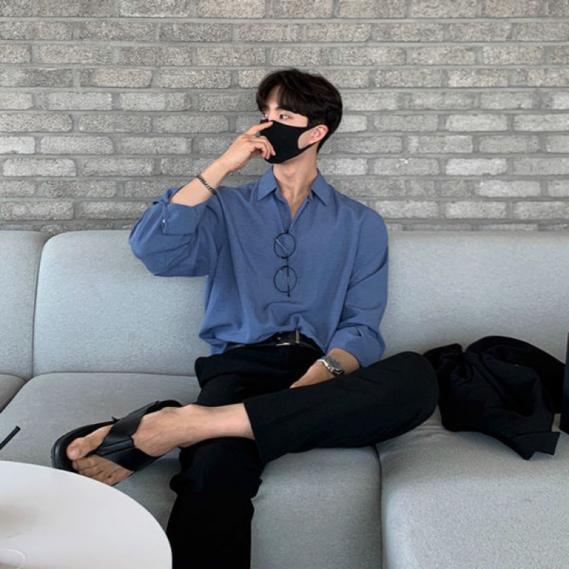 MYQ camisa de manga larga de los hombres de solapa otoño estilo coreano suelta camisa casual superior versátil color sólido camisa casual