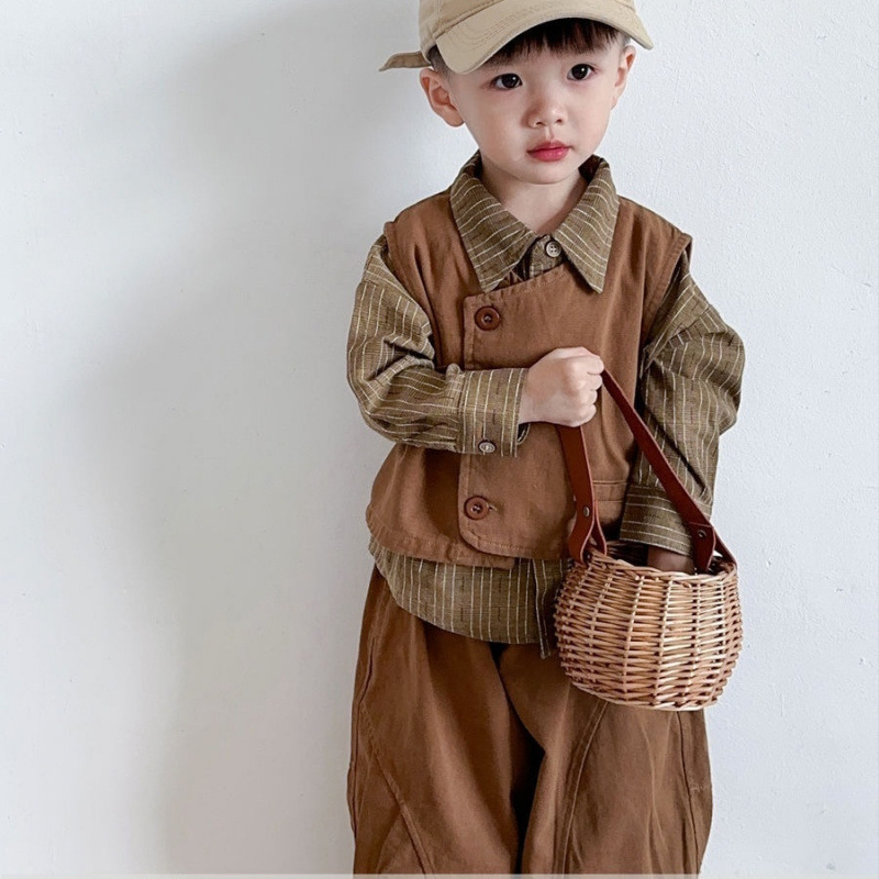 Boys' Autumn Outfit Set 4: New Korean Style Striped Shirt for Children, Spring and Autumn Baby Set 6: Retro Vest, Stylish Three-Piece Set