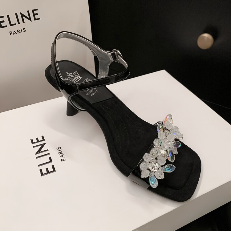 Sandal cao gót nữ mũi nhọn đính cườm da bò, gót nhọn 9 cm — Màu đen, Màu xanh lam chi tiết 14
