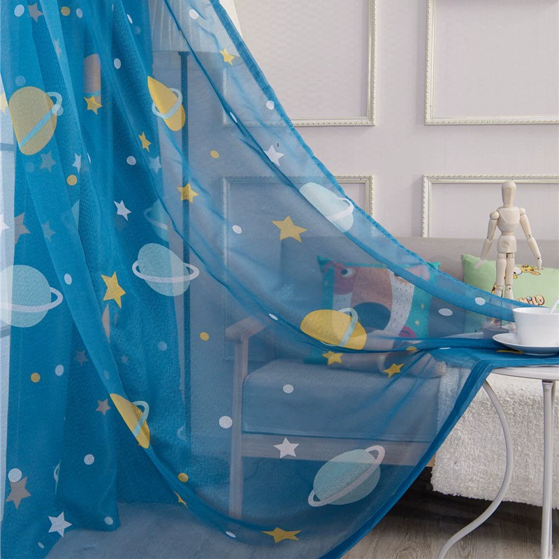 Curtain Fabric Blue Planet Print, Black-silk Blackout, Printed Per Meter for Living Room & Bedroom