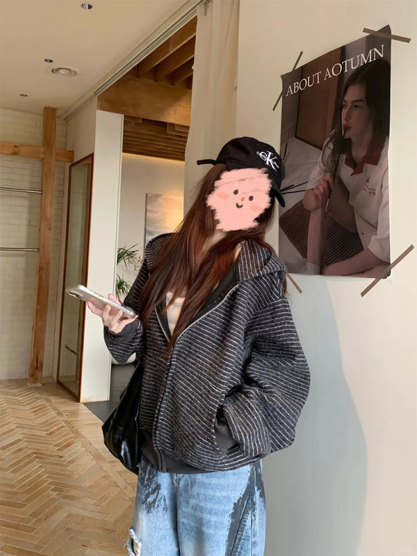 黑灰色条纹卫衣外套女款连帽开衫秋季2025新款韩系上衣小众慵懒感|undefined