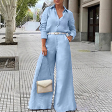 2025跨境新款欧美长袖阔腿裤两件套高级感女装搭配一整套时尚套装