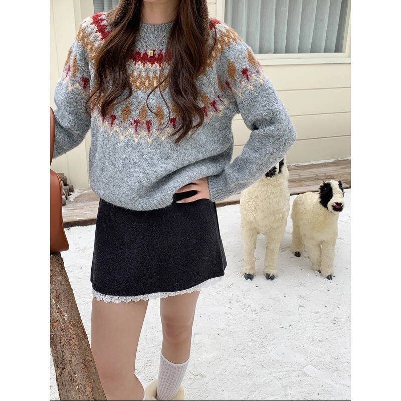 3Th Morning Festival Tune Retro Fair Isle Jacquard Crew Neck Sweater Zy3666