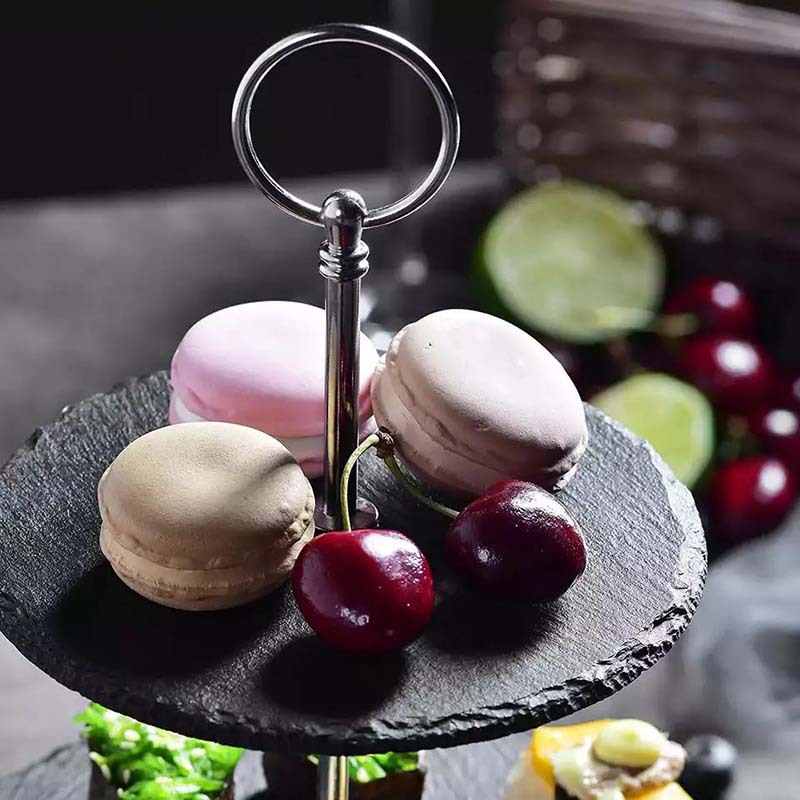 Estilo japonés y coreano de múltiples capas de pizarra negra soporte de la torta de cafetería placa de la torta de doble capa occidental postre plato de fruta Placa de oscilación